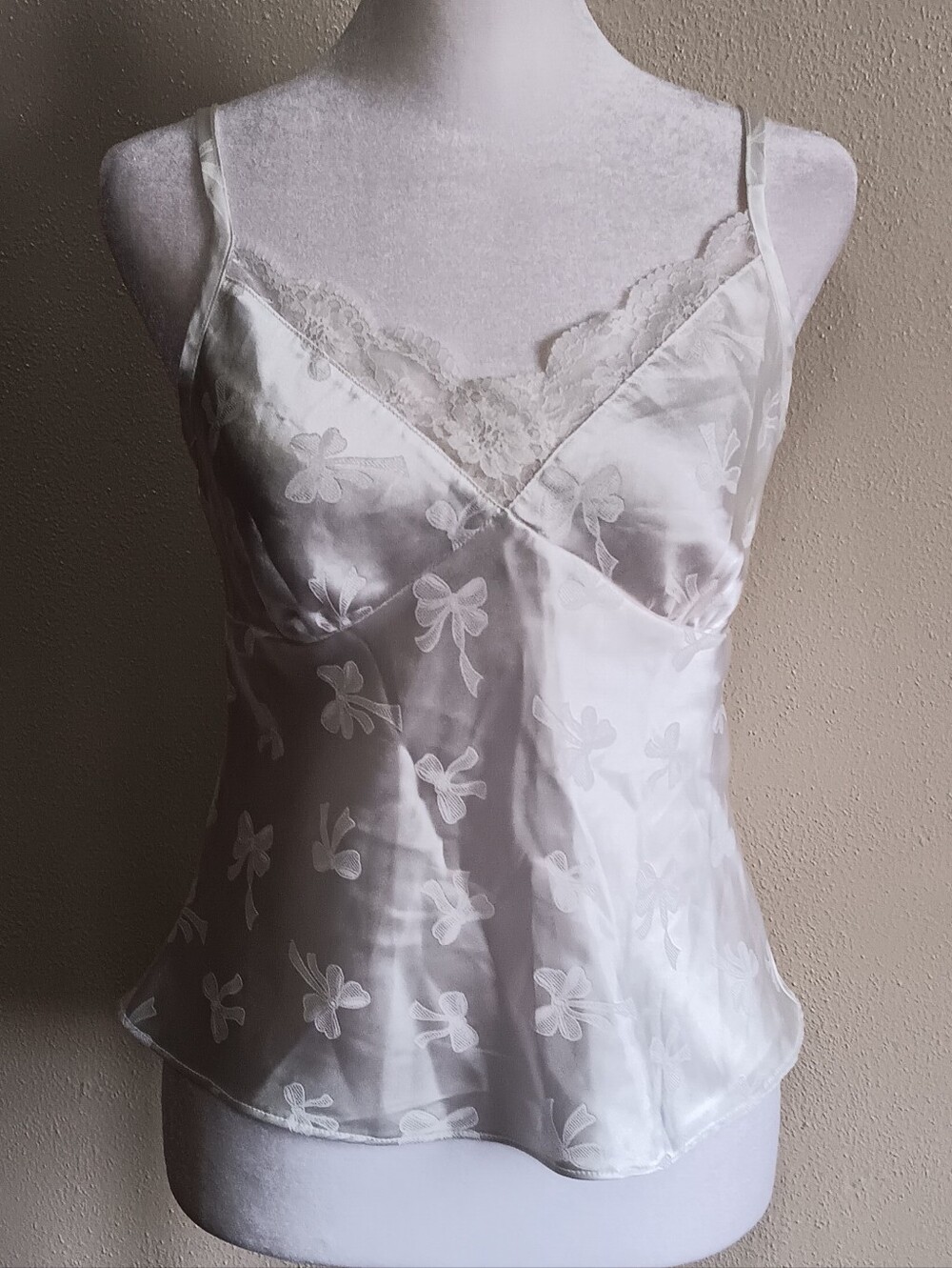 VTG Silky White Bow Print Small Cami Camisol Lingerie Tank Top Y2K Cottagecore